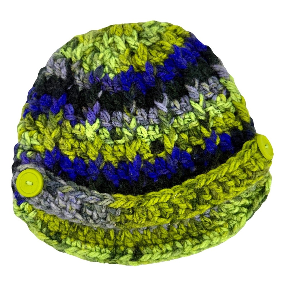 Hand Knit Visor Beanie Hat Chunky Green Blue Newsboy Winter Cap Button Brim OS‎
